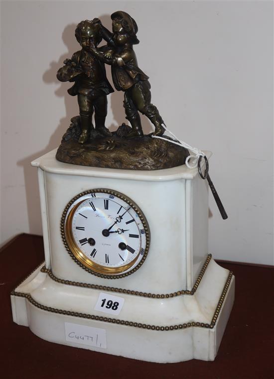 A French bronze and white marble mantel clock height 39cm